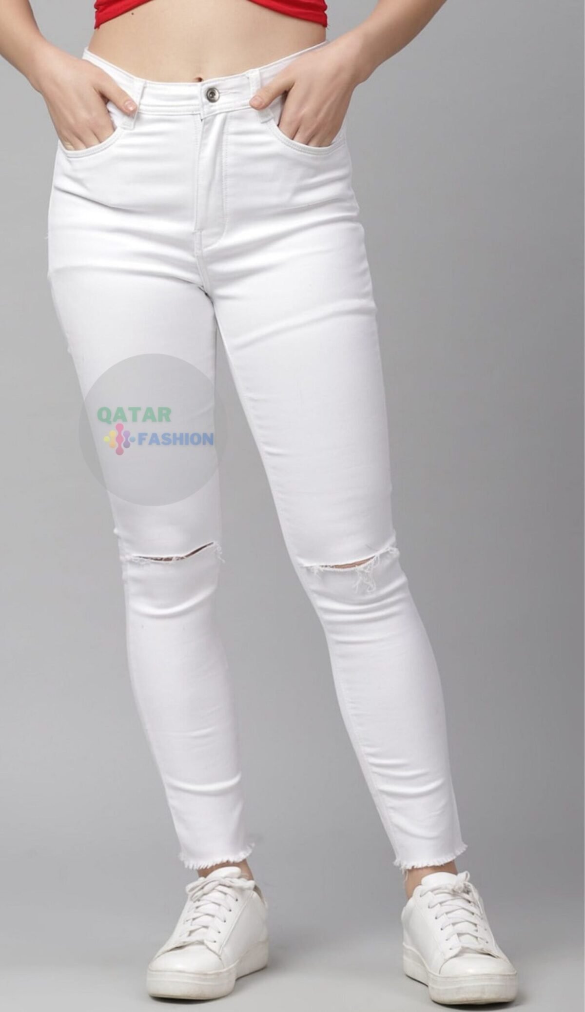 White Simple Ripped Low-Rise Jeans - Image 2
