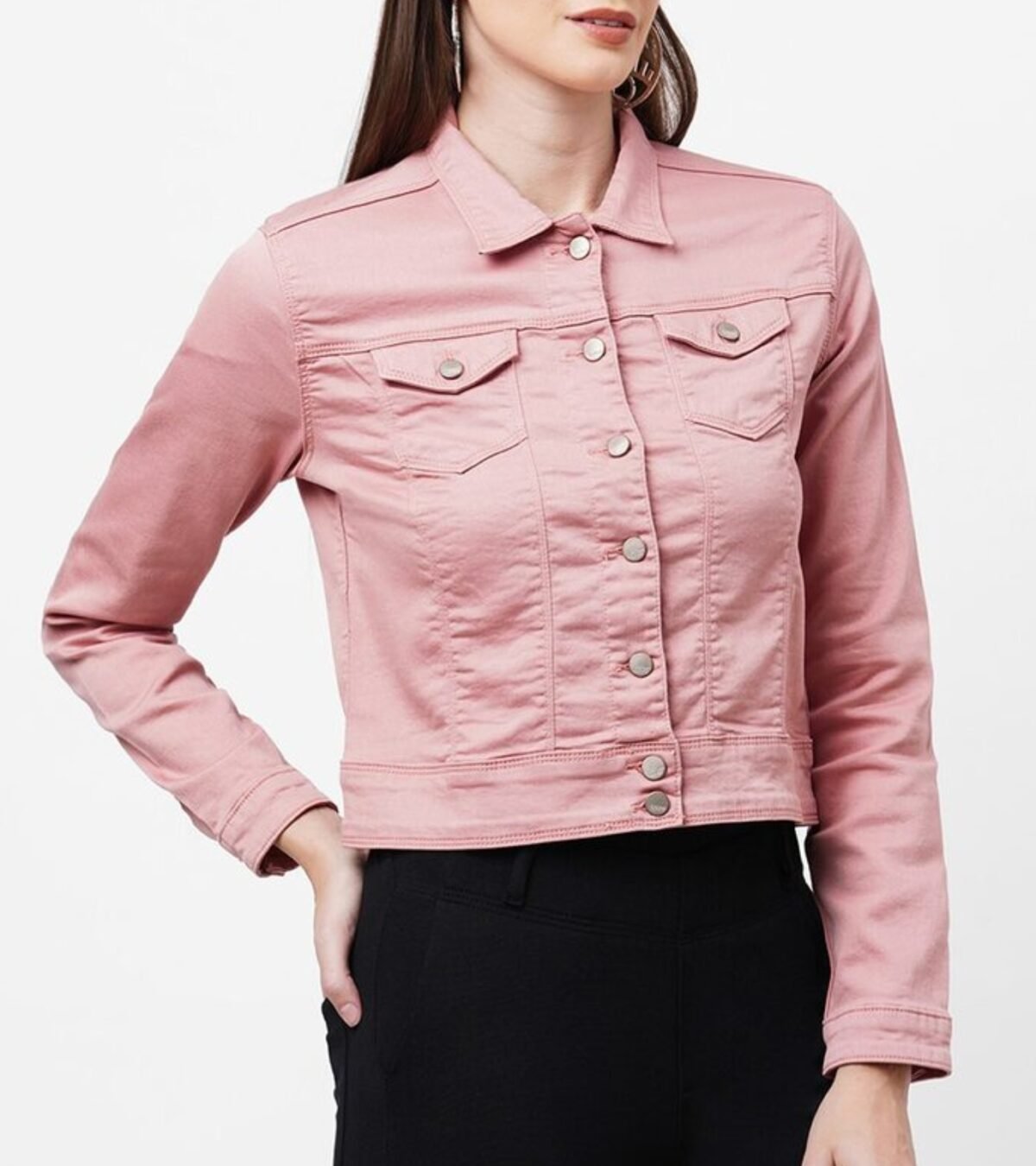 Pink Rose Simple Denim Jacket For Women's